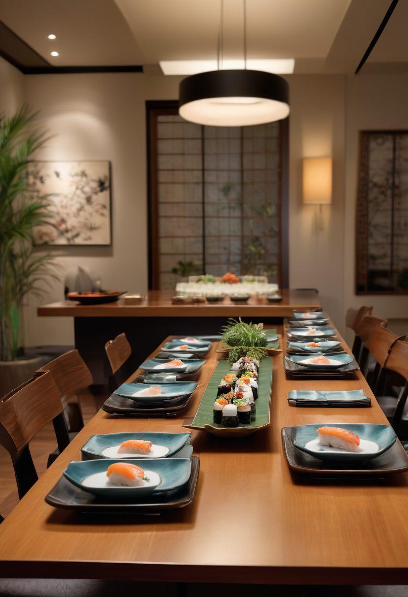 An elegant dining room featuring a beautifully set table with sushi rolls artfully arranged on modern ceramic plates, surrounded by stylish furniture that reflects the latest trends in interior design. Soft lighting accentuates a fusion of Japanese culinary delights and contemporary decor, with a sleek wooden table and designer chairs. A subtle touch of greenery in the backdrop enhances the scene. vibrant colors. super-realistic.