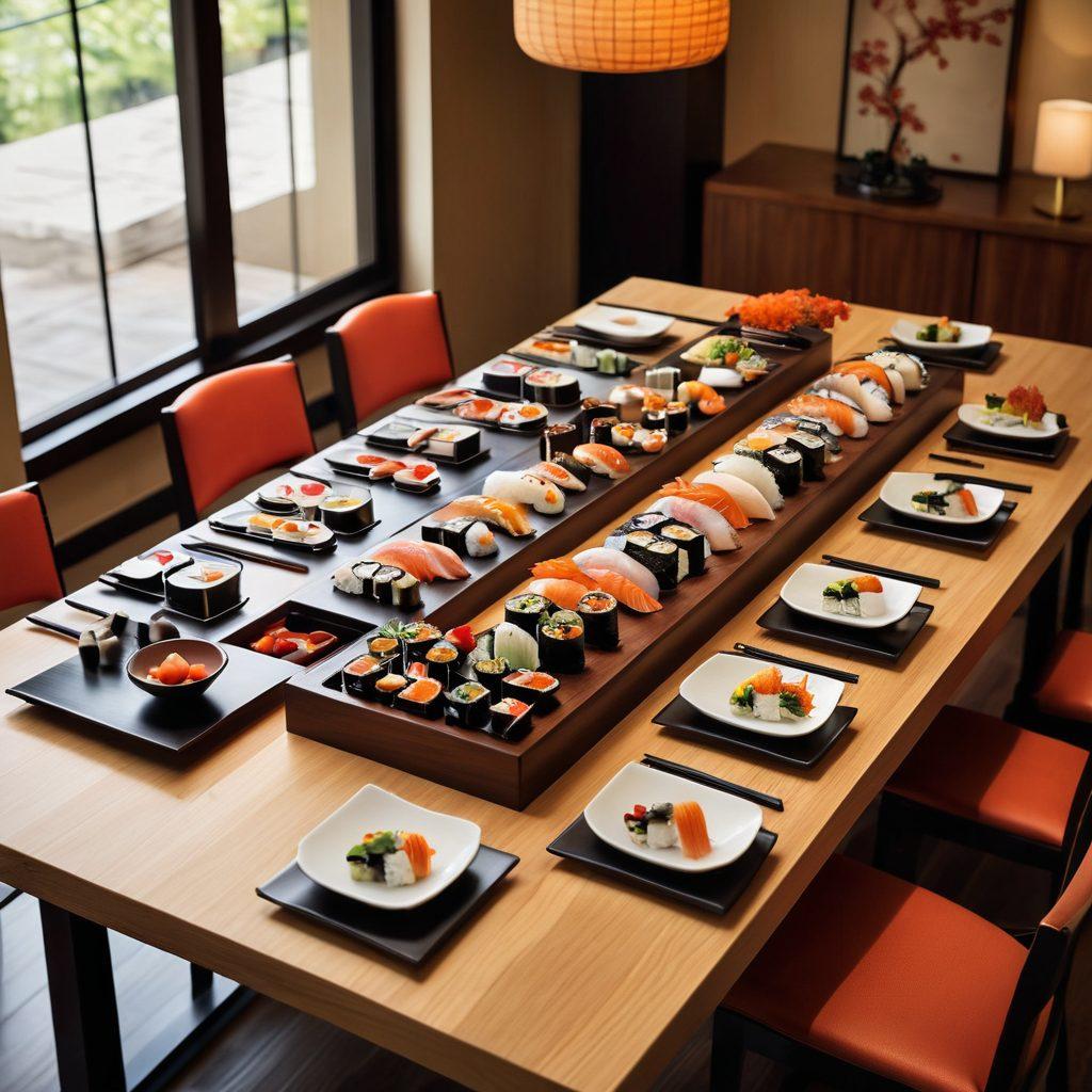 A beautifully set sushi dining table featuring a fusion of traditional Japanese elements and modern furniture design. Include an array of sushi artfully arranged on elegant plates, paired with elegant chopsticks and vibrant side dishes. The background features a minimalistic, contemporary interior with warm lighting and natural wood accents, promoting a cozy dining atmosphere. The scene should evoke a sense of taste and comfort, enticing viewers to envision a memorable dining experience. super-realistic. vibrant colors. elegant design.