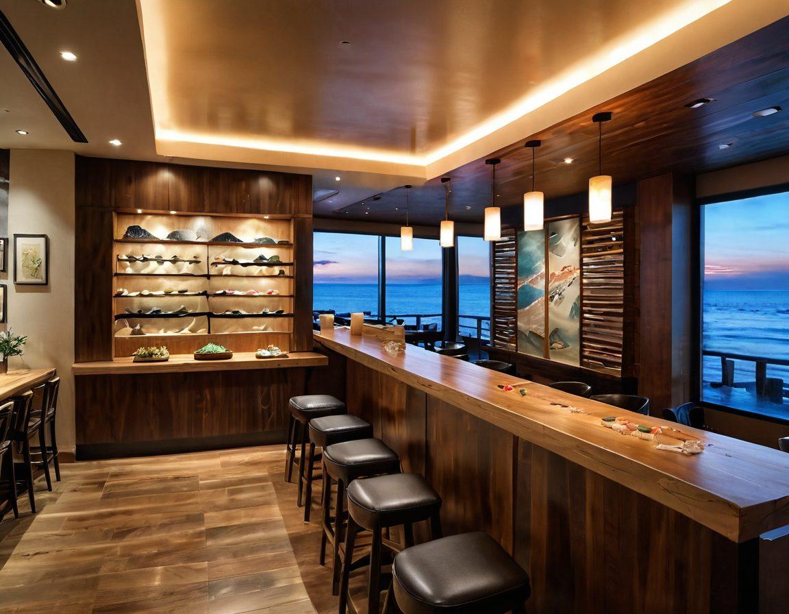 A beautifully designed interior of a sushi restaurant featuring elegant wooden panels, soft ambient lighting, and vibrant artwork depicting ocean scenes. Showcase a sushi chef skillfully preparing sushi at the counter, with fresh ingredients and a minimalist zen garden in the backdrop. Soft pastel colors and nature elements emphasize the harmony of flavors and aesthetics. super-realistic. vibrant colors. warm lighting.